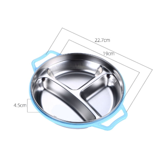 Tableware, Children's Plate Stainless Steel Kids Plate by Dewin, featuring a durable 304 stainless steel construction with a light blue anti-scald double-sided handle. The plate has a 3-compartment design for separating main food, vegetables, fruits, and meat, ensuring food does not mix. Its dimensions are 22.7 cm in diameter and 4.5 cm in height, making it suitable for children. The plate is drop-resistant, easy to clean, and ideal for use at home or in kindergarten.