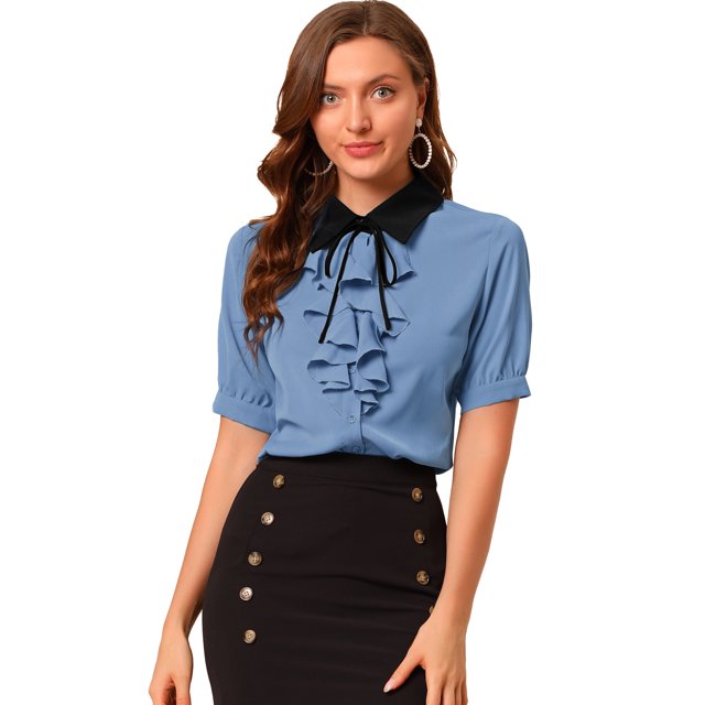 INSPIRE CHIC Women's Contrast Collar Tie Ruffle Front Button Short Sleeve Work Shirt