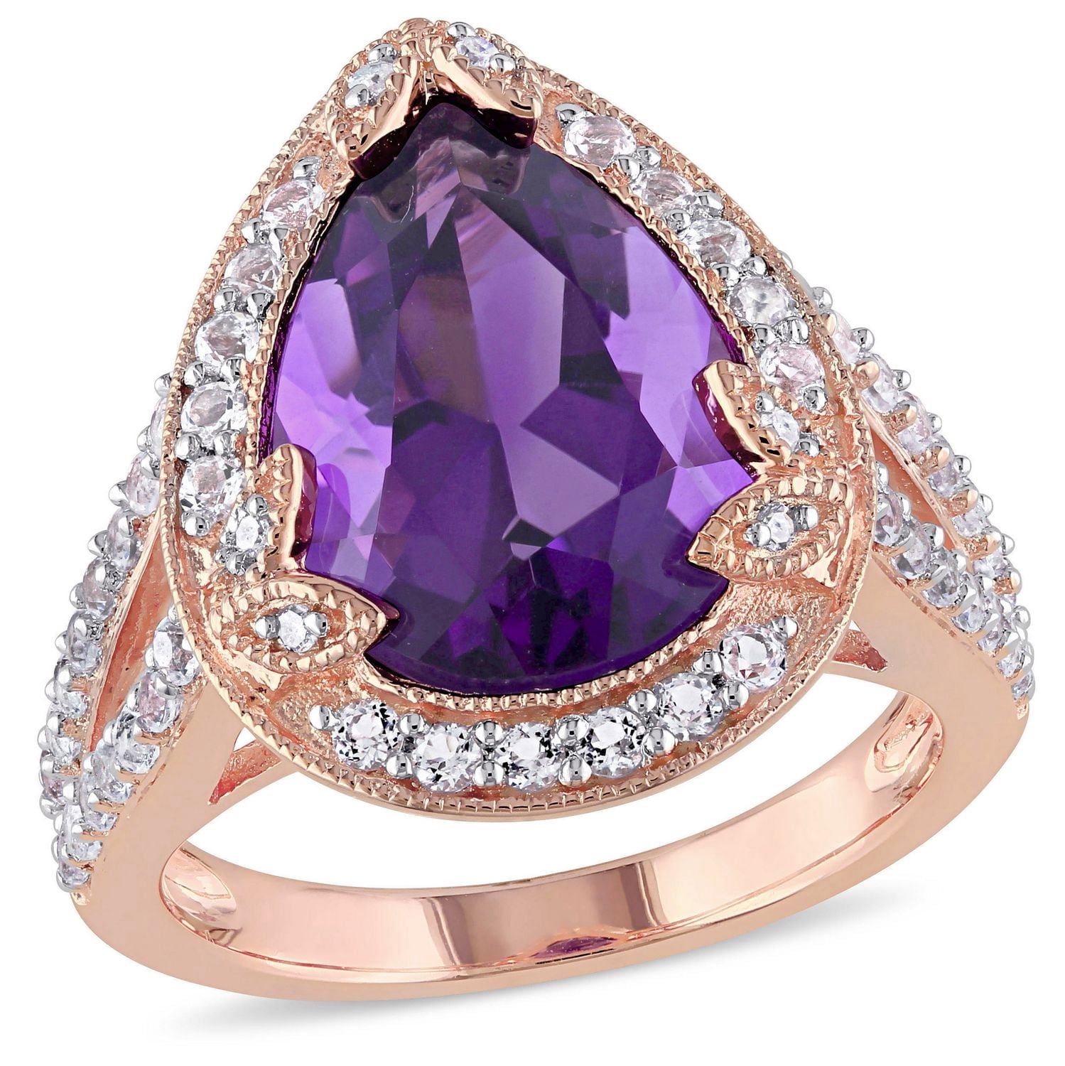 Bague cocktail en forme de larme Tangelo avec améthyste et topazes blanches 5,88 ct PBT et accents de diamants en argent sterling plaqué de rhodium rose