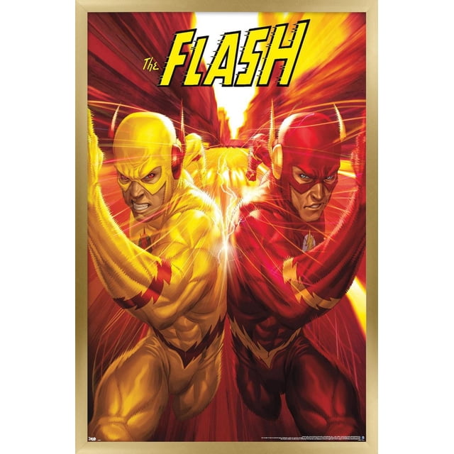 DC Comics - The Flash and The Reverse Flash - Race Wall Poster featuring The Flash in red and The Reverse Flash in yellow racing with lightning effects on a glossy satin finish poster framed in beige, suitable for decorating bedrooms, offices, or dorms.