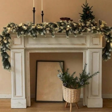 Pre Lit Snow Garland,Snow Garland with Lights,Pre-Lit Garland Christmas Lights,Pre-Lit Frosted Greenery Pinecones Christmas Garland for Home Stairs Fireplace Front Door Christmas Party