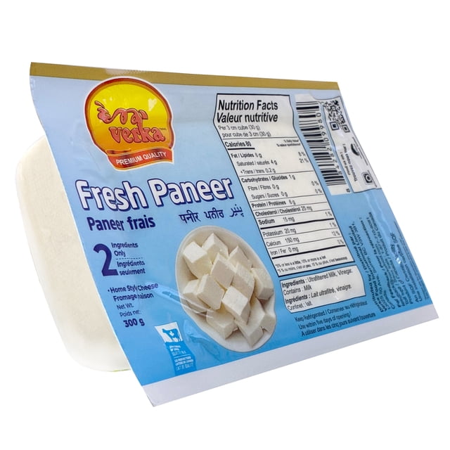 Verka Fresh Paneer, 300g, vacuum-sealed block of Indian cottage cheese in blue packaging with nutritional facts and brand logo, featuring an image of cubed paneer on a plate, rich in protein and calcium, suitable for cooking and home-style recipes.