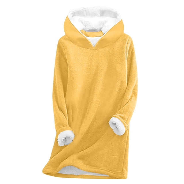 RKSTN Chandails à Capuchon pour Femmes, Chandail à Capuchon à Col Rond Doublé en Molleton de Couleur Jaune Unie à Manches Longues. Comprend une Doublure Intérieure Pelucheuse, des Poignets Côtelés et un Ourlet pour Plus de Chaleur et de Confort. Idéal pour une Tenue Décontractée, le jogging Ou la Détente pendant les Saisons d'Automne et d'Hiver.