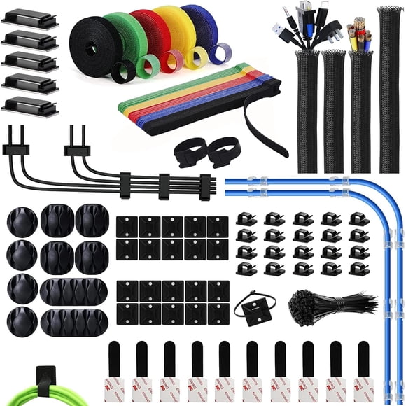 Cable Management Kits Fastening Cable Ties with Wire Organizer Sleeve and Roll Self Adhesive Ties Wire Clips + Desktop Cable Holder for Office Home Electron