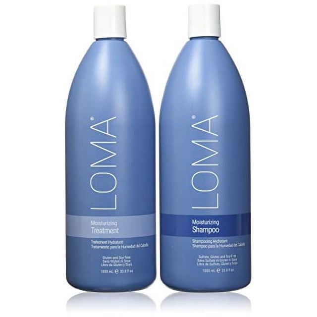 Loma Hair Care Moisturizing Shampoo & Treatment Duo, featuring two 1,000 mL bottles in blue packaging with white caps. Designed for dry hair, this duo is enriched with Aloemoist Complex for hydration and scalp care. Offers an aromatherapy experience with mango, orange, and tangerine scents. Sulfate, gluten, and soy-free formula.