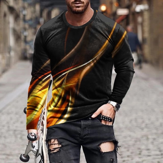 cllios T-Shirt Graphique pour Hommes Grande Taille T-Shirt Imprimé à Lignes Optiques 3D T-Shirt Léger à Manches Longues T-Shirt Décontracté à Col Rond Chandail d'Entraînement T-Shirt pour Hommes Musclés