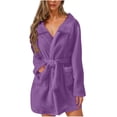 thumbnail image 1 of Womens Fuzzy Robe Short Bathrobe Belted Soft Fleece Bath Robes with Pockets Fall Winter Warm Spa Nightgown Purple S, 1 of 5