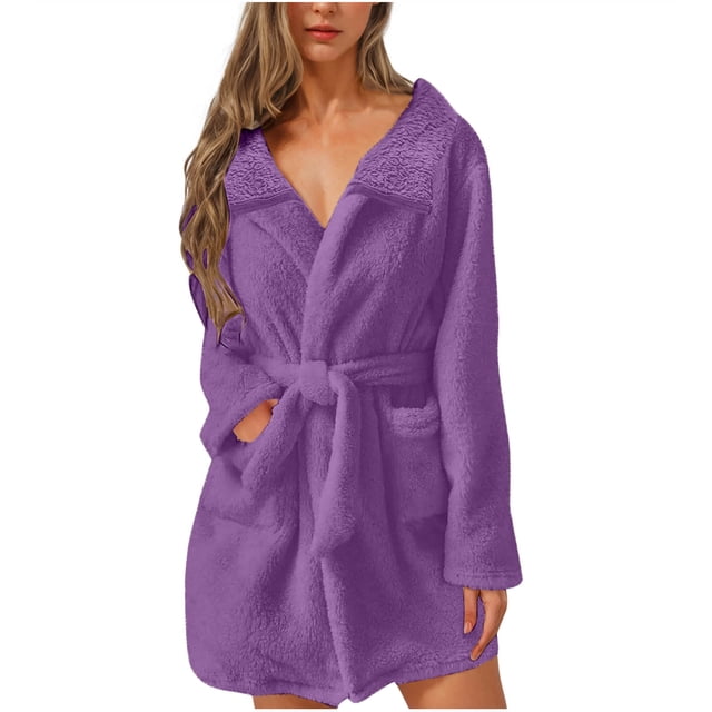 Womens Fuzzy Robe Short Bathrobe Belted Soft Fleece Bath Robes with Pockets Fall Winter Warm Spa Nightgown Purple S