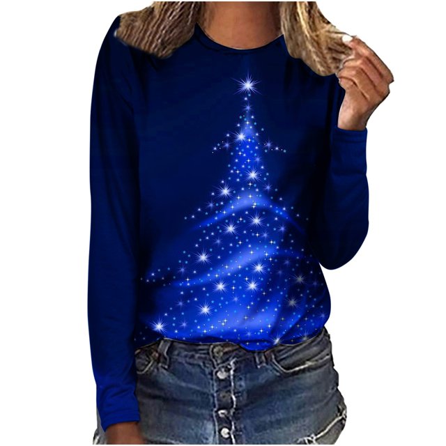Jienlioq Hauts de Noël pour Femmes Liquidation T-Shirt Imprimé Manches Longues Blouse Col Rond Décontracté Chandail en Molleton