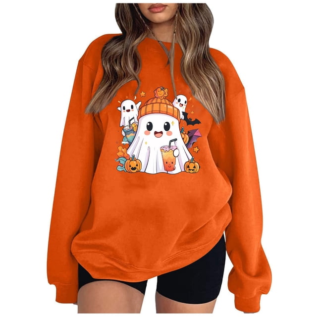 Pisexur Chandail d'Halloween pour Femmes en Molleton Orange Chandail à Manches Longues Col Rond Chandails de Mode avec Motif Citrouille Chandails à Capuche d'Halloween Hauts à Enfiler