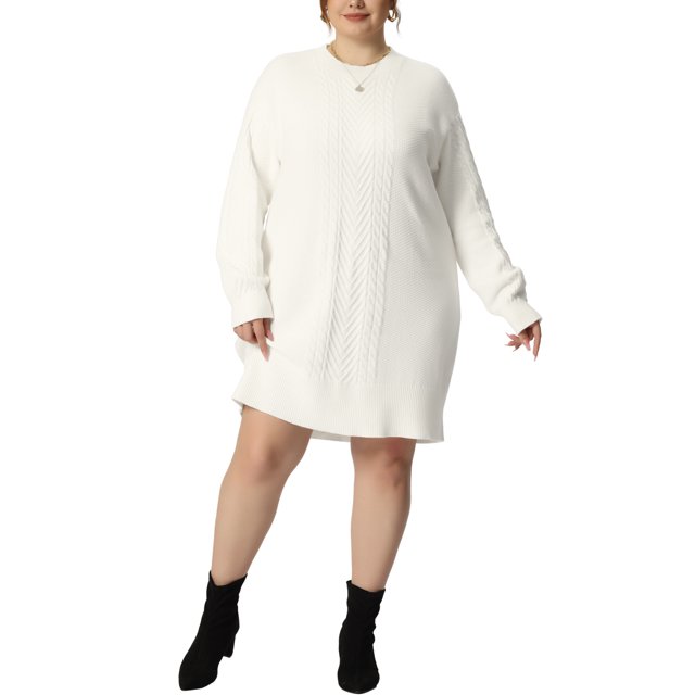 GRACE & GRANDEUR Robe Chandail Grande Taille pour Femmes à Manches Longues en Tricot, Chandail Court, Robes Chandail Blanches 4X