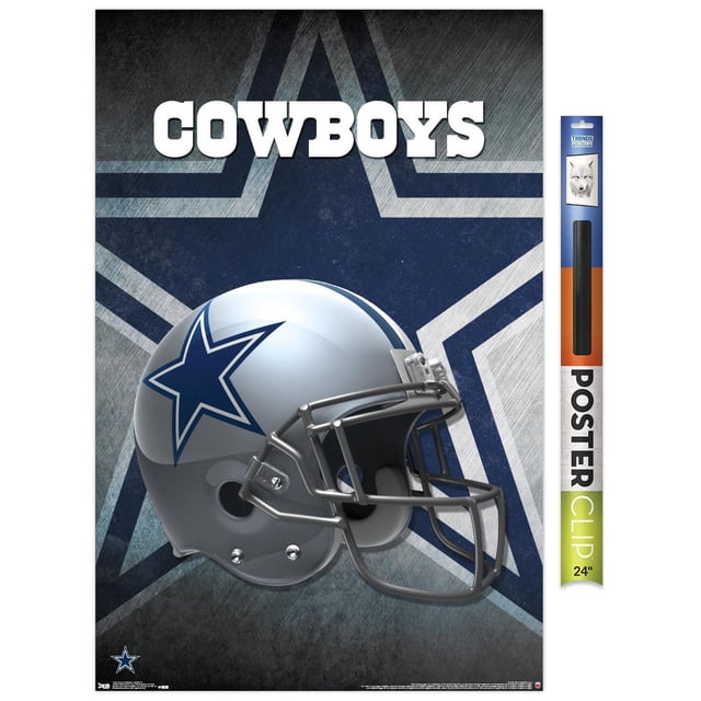 NFL Dallas Cowboys - Affiche Murale Casque 16, 22,375 Po x 34 Po Encadrée Montrant un Casque de football Argent avec un logo Étoile Bleu sur le Côté, sur Fond Texturé d'Étoiles Bleues et Grises avec « Cowboys » en Lettres Blanches Audacieuses au-Dessus, Convient à la Décoration Murale à Thème Sportif pour la Maison Ou les Bureaux.