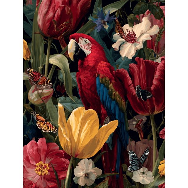 Qisvanset Red Parrot Peony Floral Canvas Print 12x16 Inch Hallway Art