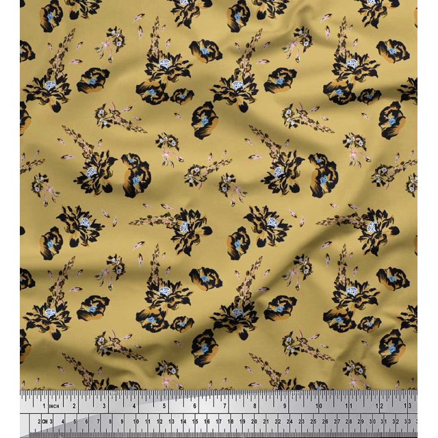 Soimoi Brown Rayon Fabric Leaves & Floral Decor Fabric Printed BTY 42 Inch Wide