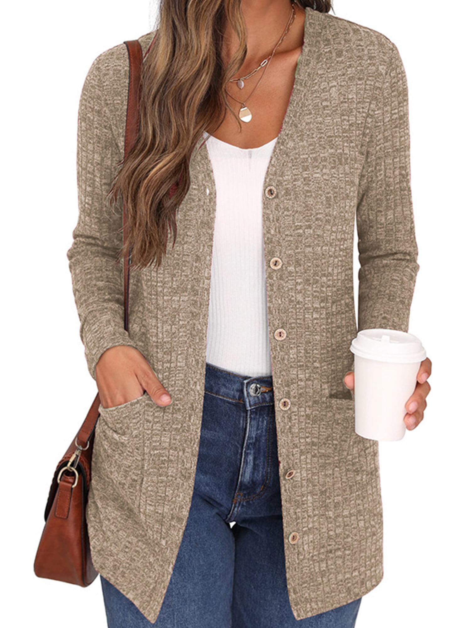 Innerwin Cardigan Sweater Long Sleeve Ladies Outwear Holiday Solid Color Soft Cardigans Khaki L