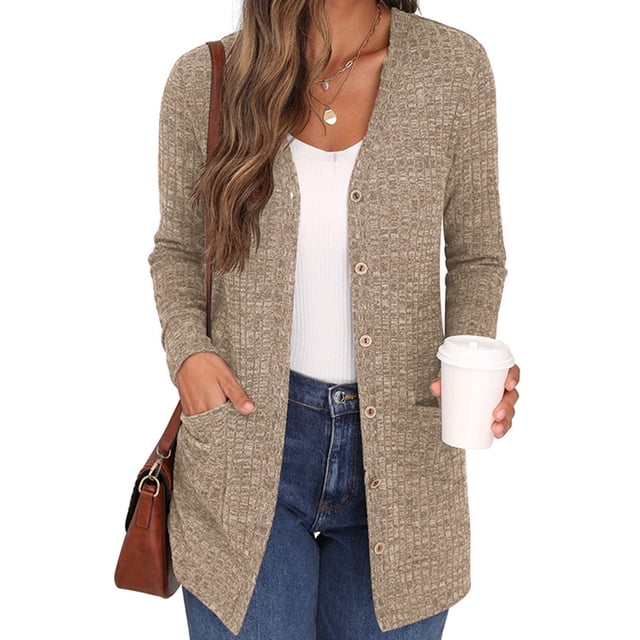 Innerwin Cardigan en Tricot à Manches Longues pour Femmes, Vêtement d'Extérieur, Vacances, Couleur Unie, Cardigans Doux, Kaki, TG