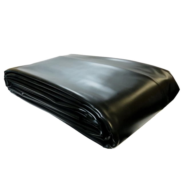 Angelo Décor 20 ft. x 20 ft. reinforced black PVC pond liner folded with a smooth, slightly reflective surface made from 15 mil thick puncture- and UV-resistant PVC, suitable for durable pond or pondless waterfall installations holding up to 2800 gallons.