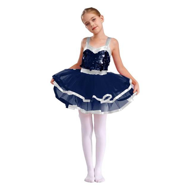 Hansber Robe Tutu de Danse pour Filles Enfants Paillettes Jazz Fête Robe de Danse Costume de Performance sur Scène Bleu Marine 4