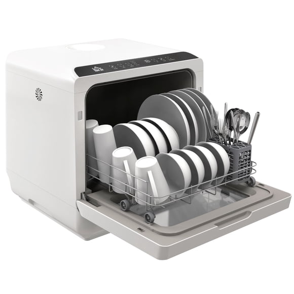 Compact Countertop Dishwasher, 4 Place Settings Portable Dishwasher with 6L Water Tank & Air-Dry Function, 5 Wash Programs, White and Black, for Small Kitchens, Apartments & RVs