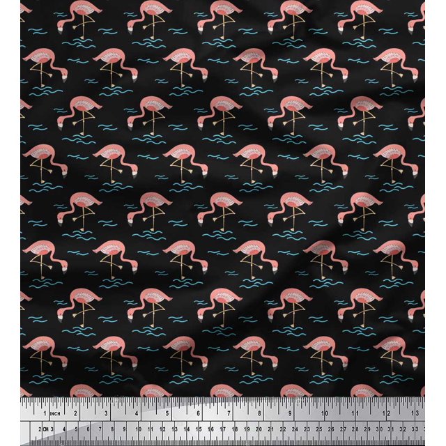 Soimoi Black Poly Georgette Fabric Flamingo Bird Print Fabric by the Yard 42 Inch Wide