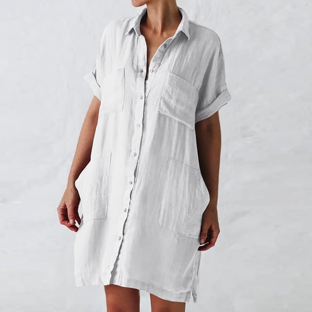 Gspmoly Robes d'Été pour Femmes 2025, Robe Chemise à Boutons pour Femme Décontractée Ample à Col Rabattu à Manches Courtes avec Poches Robes Formelles pour Femmes Économies d'Été