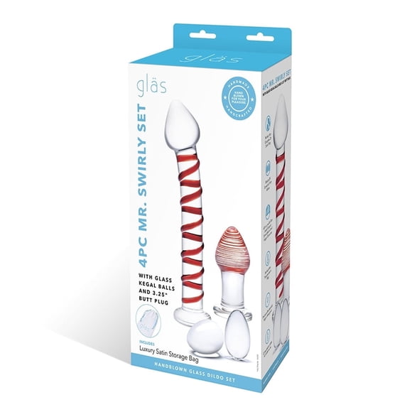 Glas Mr. Swirly Set 10" Glass Dildo With Glass Kegal Balls & 3.32" Glass Butt Plug , Clear