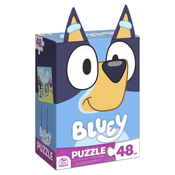 Spin Master Games, Bluey, Puzzle de 48 pièces avec Bluey, Bingo, Bandit, et Chilli, jouets Bluey, puzzles Bluey, accessoires pour fête d'anniversaire Bluey, à partir de 3 ans
