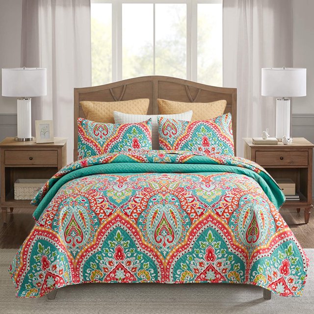 JML Quilt Set 3-Piece King Size, Soft Reversible 1 Quilt & 2 Shams Bedspread Coverlet Set,Turquoise & Tangerine