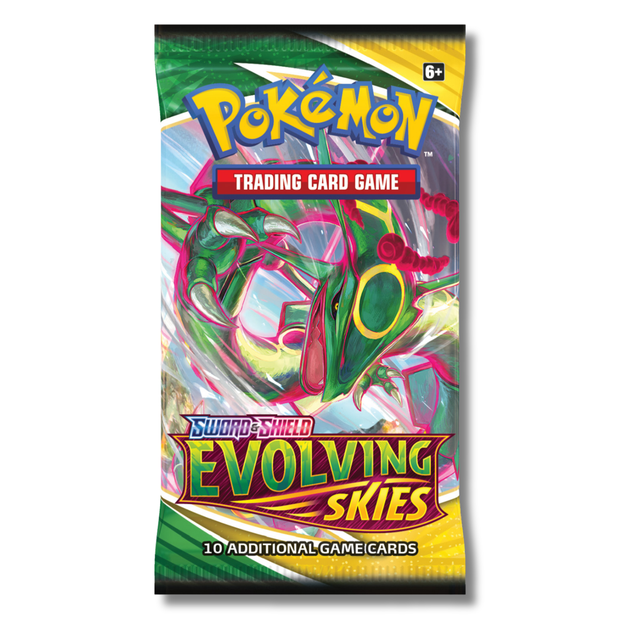 Pokémon Sword & Shield Pokemon Évoluante Ciels Paquet Booster Mettant en Vedette l'Oeuvre de Rayquaza sur l'Emballage. Ce Paquet Booster de l'Extension Évoluante Ciels Comprend 10 Cartes à Échanger Aléatoires, Offrant de Nouveaux, Dresseurs et Cartes d'Énergie pour un Jeu Stratégique. Idéal pour les Collectionneurs et les Joueurs du Jeu de Cartes à Collectionner Pokémon.