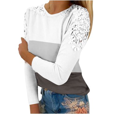 Haut Décontracté à Manches Longues pour Femmes, Col Rond, Dentelle, Blouse Amincissante