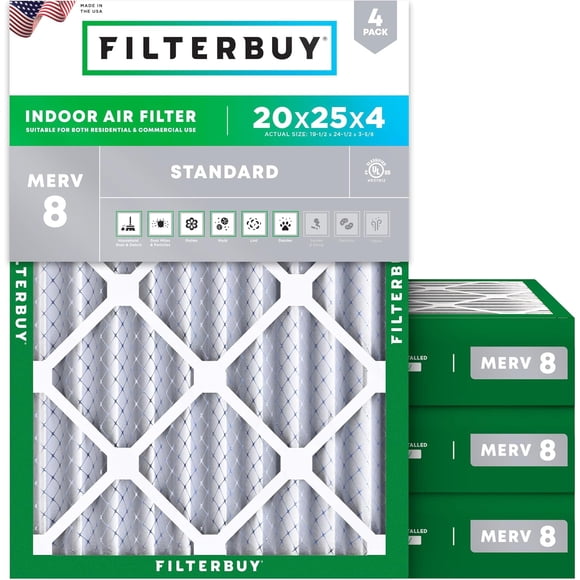Filterbuy 20x25x4 Air Filter MERV 8 Dust Defense, HVAC AC Furnace Air Filters Replacement (4-Pack)