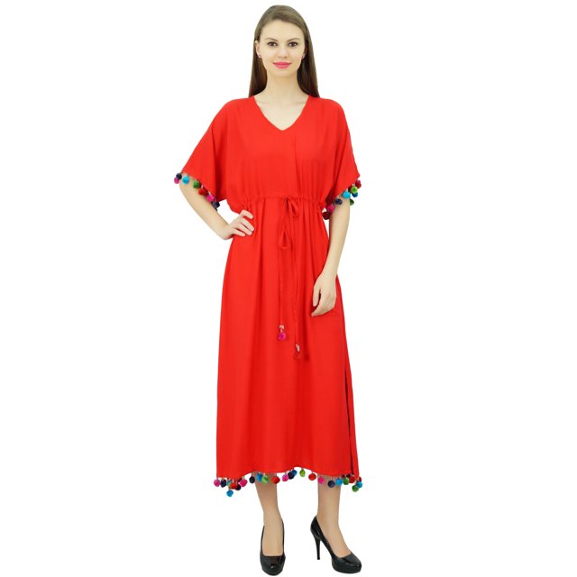 Bimba Robe Kaftan Longue en Rayonne pour Femme avec Pompon, Designer Chic, Maxi Caftan