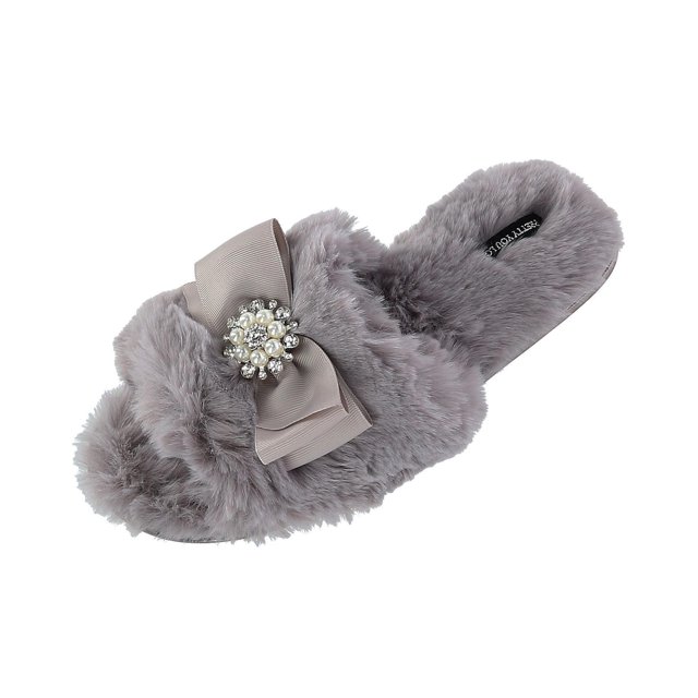 Pretty You London Women's Anya Slide Slipper with Bow and Rhinestone