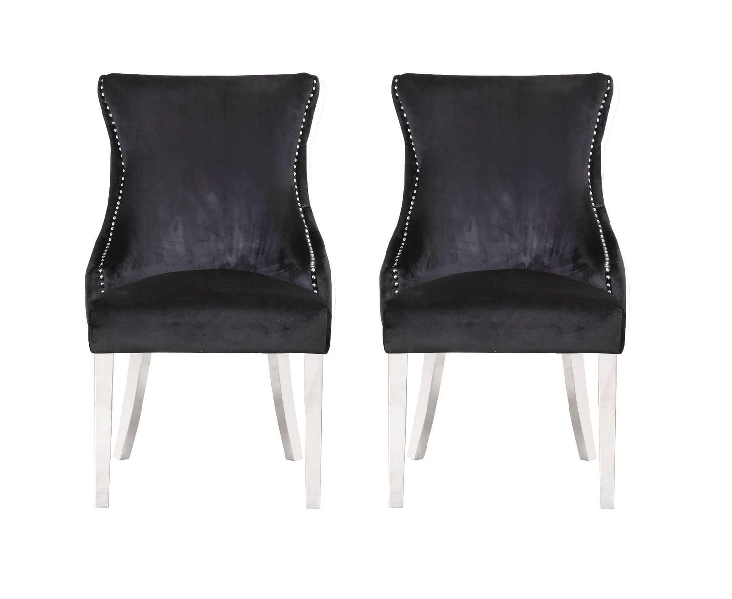 Chaise Odie en noir, chaise de salle à manger avec garniture cloutée, chaise de salle à manger en velours, chaise de salle à manger avec pieds en acier inoxydable pour cuisine et salon - Ensemble 2