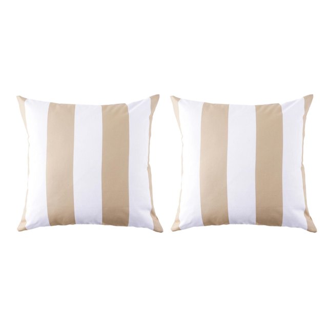 Two 18-inch outdoor square cushions in beige and white vertical stripes, sold as a 2 pack.
