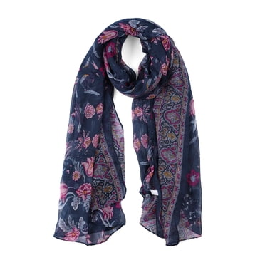 INSPIRE CHIC Women's Halloween Large Balinese Yarn Floral Print Scarves Beach Shawl Vintage Wrap Navy Blue