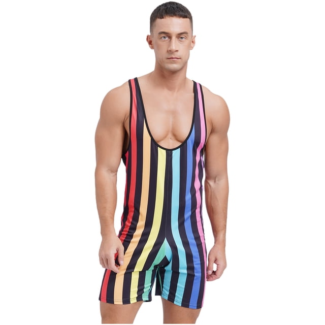Zaldita Men's Striped Sleeveless Boxer Shorts Leotard Deep U Neck Racerback Slim Fit Rompers Rainbow S