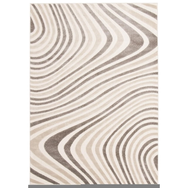 ECARPET Modern Area Rug for Dining Room, Living Room, Bedroom or Den Zuma Ivory with an abstract pattern of wavy lines in warm ivory and taupe tones, crafted from ultra-soft yarn for durability and comfort, suitable for high-traffic and pet-friendly indoor areas, often used as a decorative accent rug.