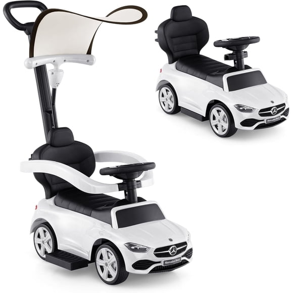 Voiture Pousse-Pousse Mercedes-Benz sous Licence pour Tout-Petits par OLAKIDS, Poussette 3 en 1 Voiture Glissante et de Marche avec Auvent, Poignée de Contrôle pour Parent, Klaxon, Rangement, Jouet à Chevaucher Pied-au-Sol pour Garçons Filles