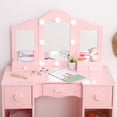 thumbnail image 2 of Kids Vanity Table Set with Light, Tri-Folding Mirror, 5 Drawers and Square Stool, Wood Makeup Desk Dressing Table with Open Storage Shelves and Detachable Top, 2 of 6