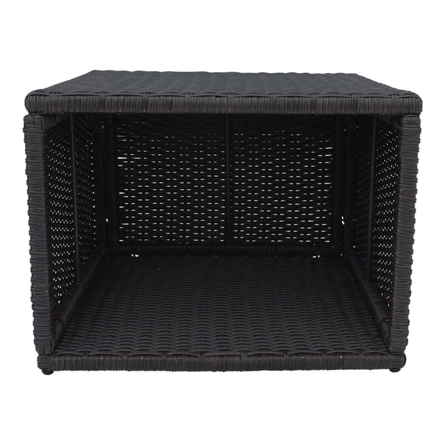 Canadian Spa Co. Side Table - Square Spa Surround Furniture with a hollow rectangular design made from weather-resistant synthetic rattan in a dark wicker finish, lightweight and modular for customizable outdoor patio furniture setups, suitable for towel and accessory storage.