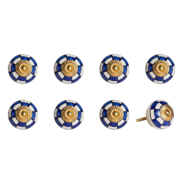 KNOB-IT vintage handpainted ceramic knobs 8 pack featuring round knobs with blue and white segmented pattern and gold-tone sunburst center, 1.5 inch diameter, with one knob shown sideways to display 1.25 inch bolt for easy installation on cabinets or drawers, ideal for adding a vintage decorative touch.