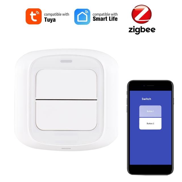 ZigBee 3.0 Contrôleur de Scène Intelligent avec 2 Boutons, Télécommande Sans Fil Contrôlée par Application pour l'Automatisation Domestique (Lumières, Rideaux, Électroménagers), Matériau ABS Blanc, Nécessite Gateway E16411-3, Pile Non