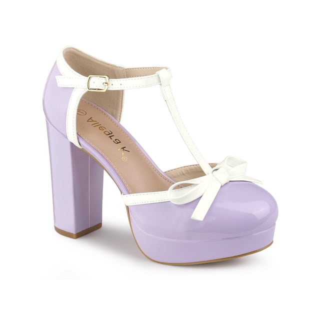 BLISSFUL STEP Chaussures de Rentrée pour Femmes à Bride en T avec Nœud, Talon Bloc Vintage, Talons Plateforme, Violet 8