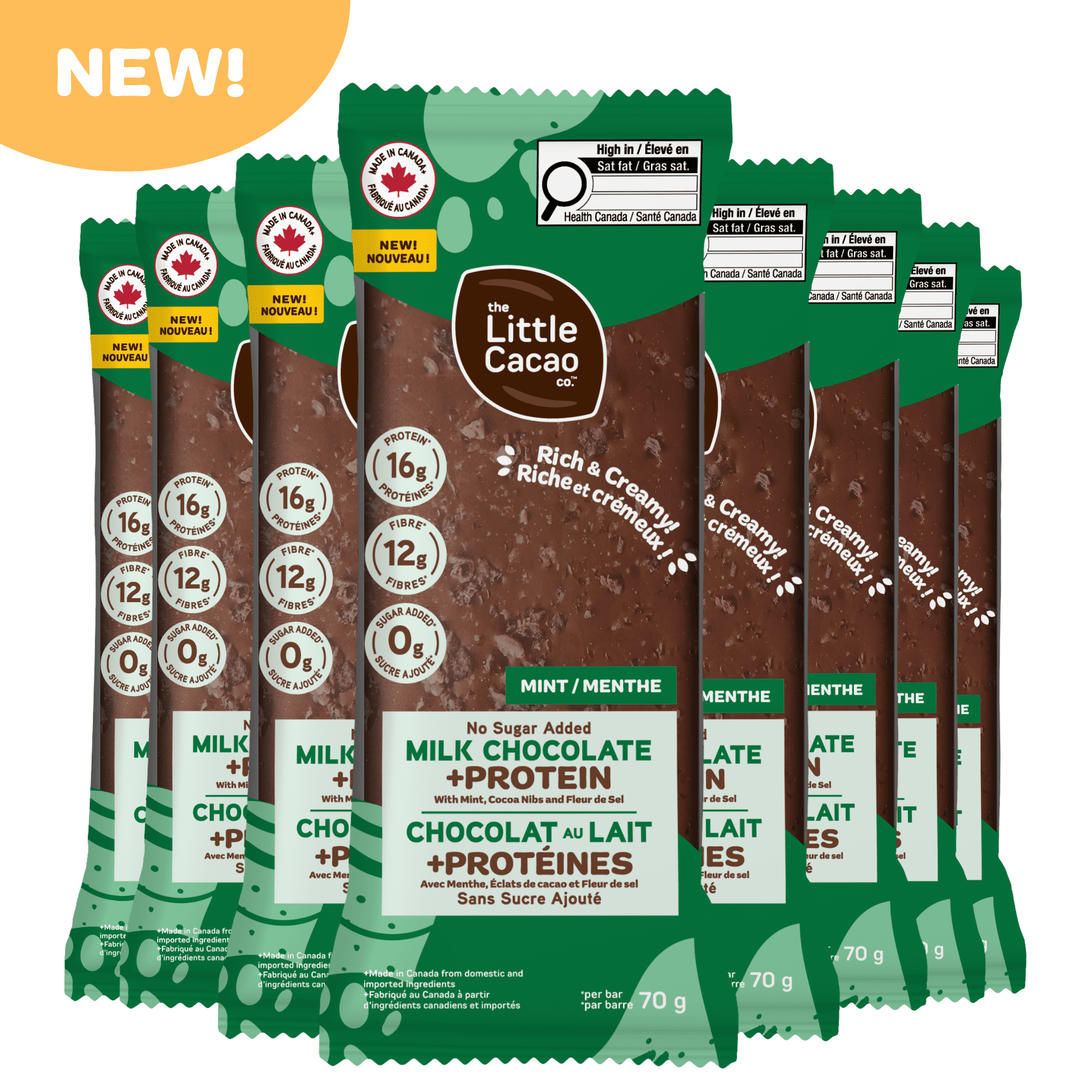 The Little Cacao Co. - Chocolate bars No Sugar Added + Protein + Fibre Milk Chocolate and Mint x8