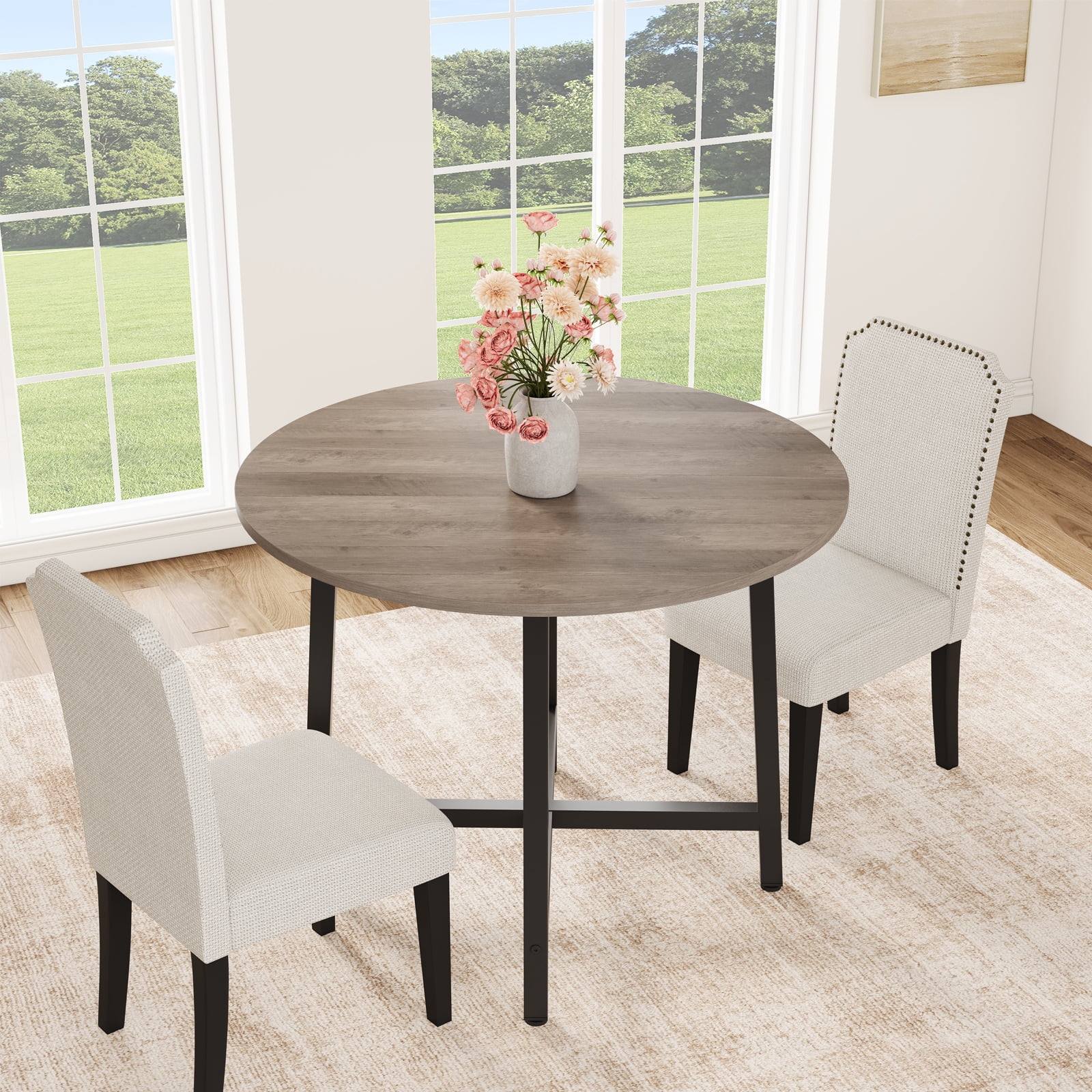 31.5" Round Dining Table for 4-6, Kitchen Dining Room Table with Sturdy Metal Frame, Wood Circle Kitchen Table for Space Saving - Grey (No Chairs)