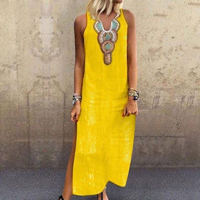 JUNWELL Robes d'Été Ajustées pour Femmes Amples Bohèmes à Broderie Florale Robe Soleil Décontractée Sans Manches en Lin Longue Robe Maxi Robe Femme