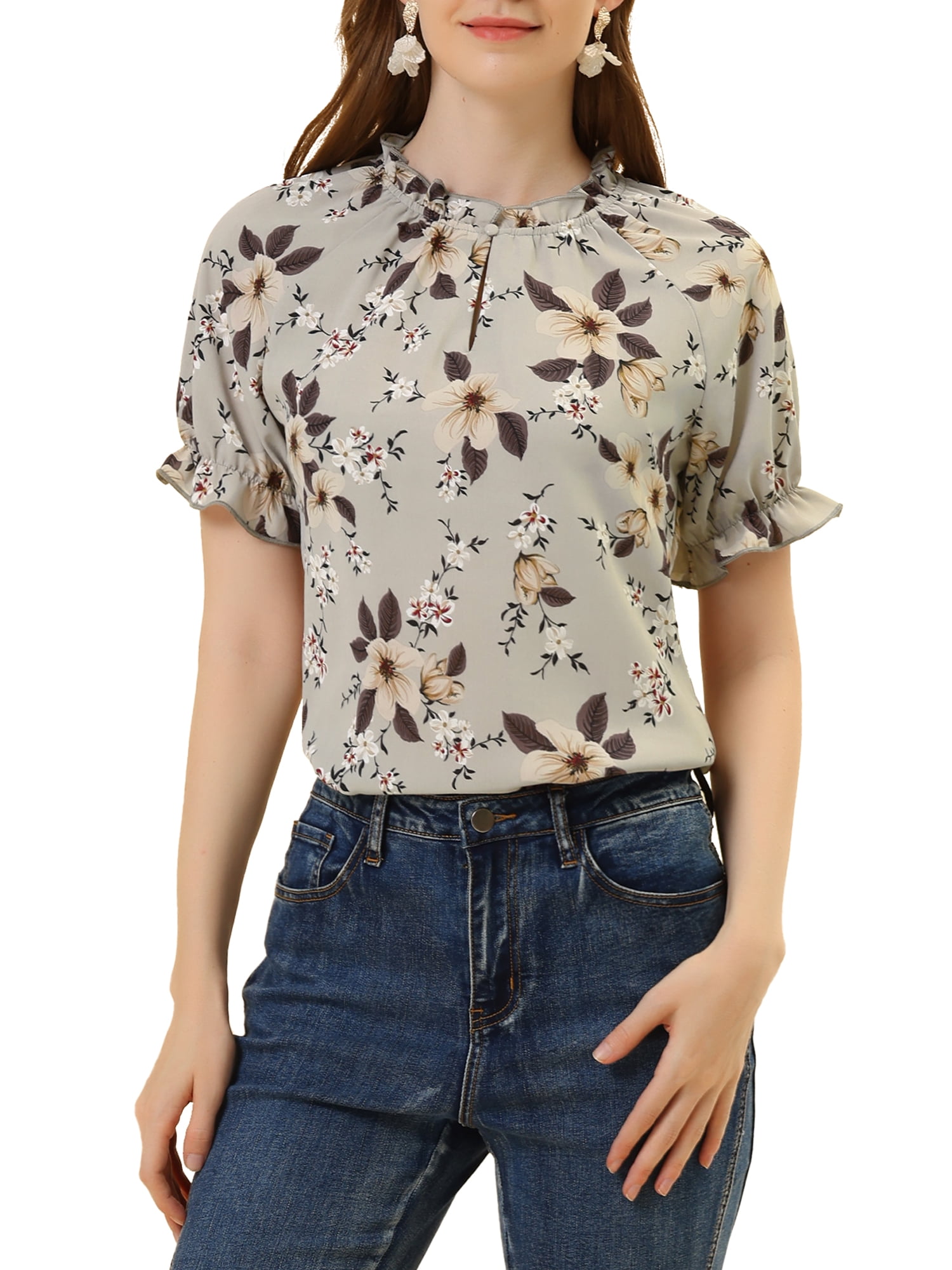 INSPIRE CHIC Women's Floral Ruffled Short Sleeve Ruffle Neck Casual Blouses Grey M