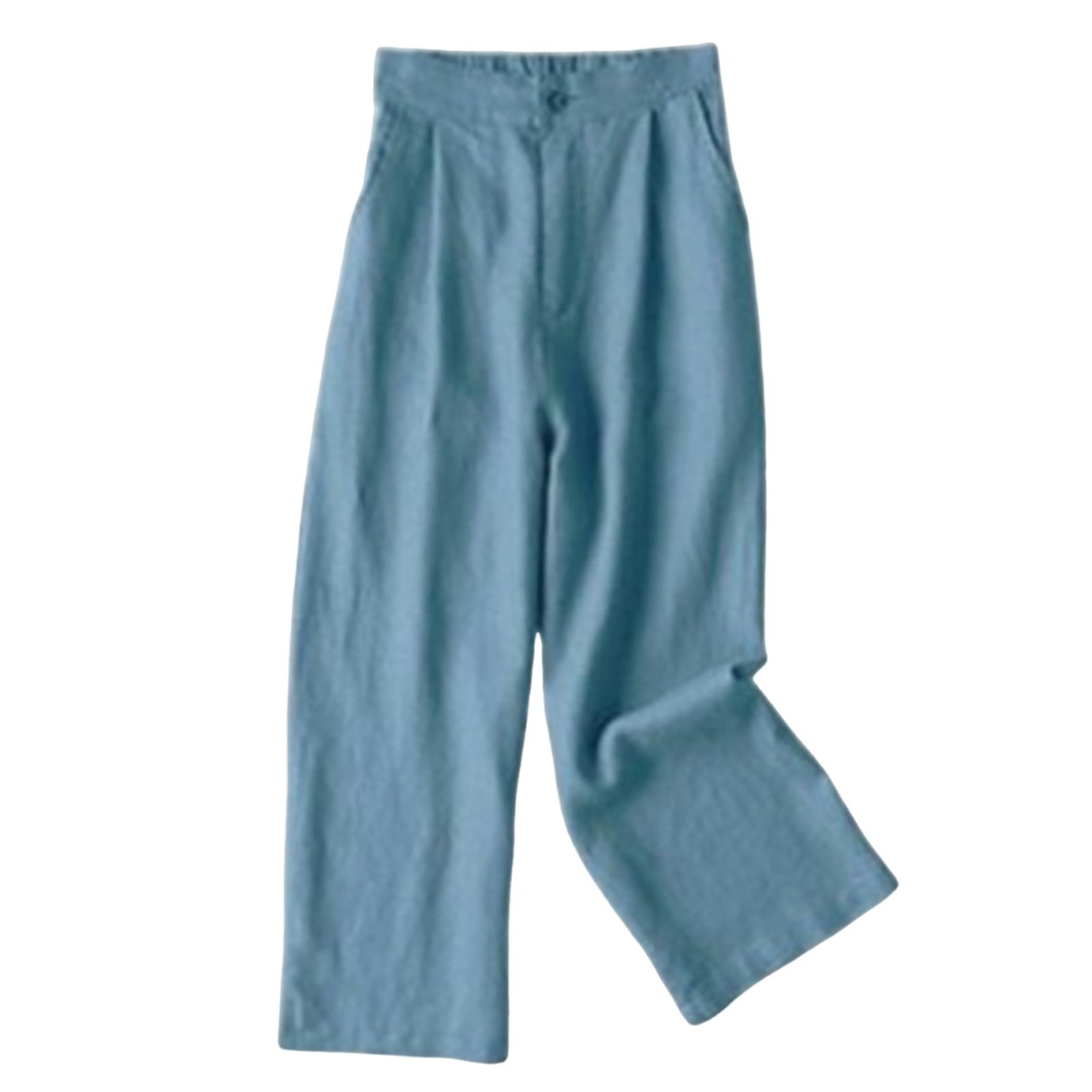 Timegard Womens Cotton Linen Pants Elastic Waisted Ruched Wide Leg 7/8 Pants Lounge Trousers with Pockets