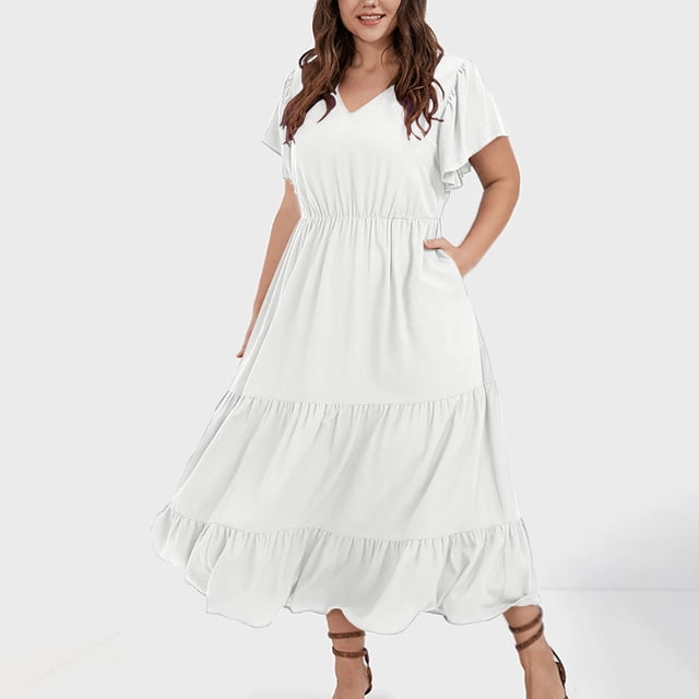 zanvin Robes d'Été Grande Taille pour Femmes Fête Boho Maxi Longue Robe Portefeuille Col en V Manches Courtes Ourlet à Volants Robe Fête Invitée de Mariage, Blanc